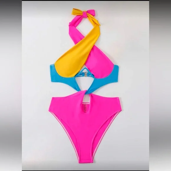 🔥Colorblock Halter One Piece Swimsuit - Picture 5 of 8